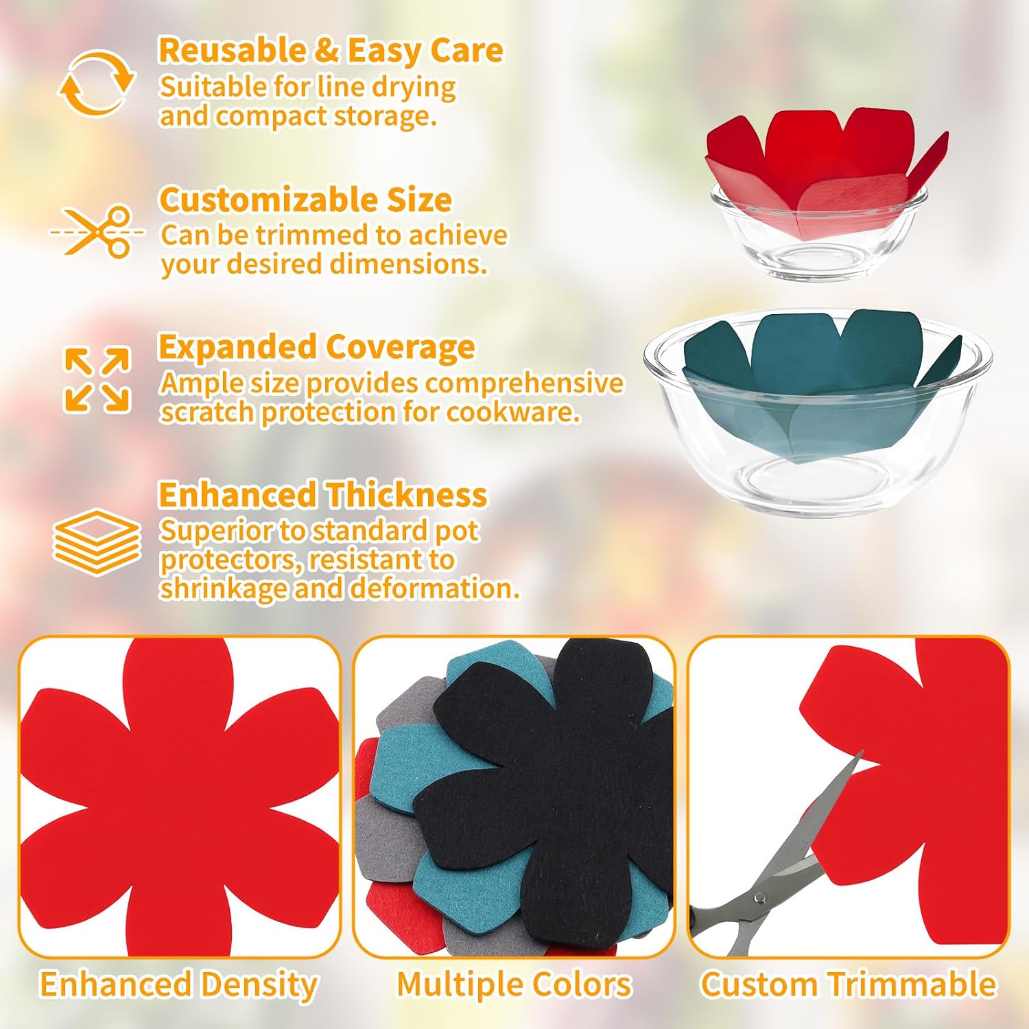 12 PCS Pot and Pan Protectors in 4 Colors & 3 Sizes, Thicker Felt Pan Protector Pads and Pot Separators for Stacking, Anti-Slip Dividers to Protect Glass Ceramic Plates Cookware from Scratching