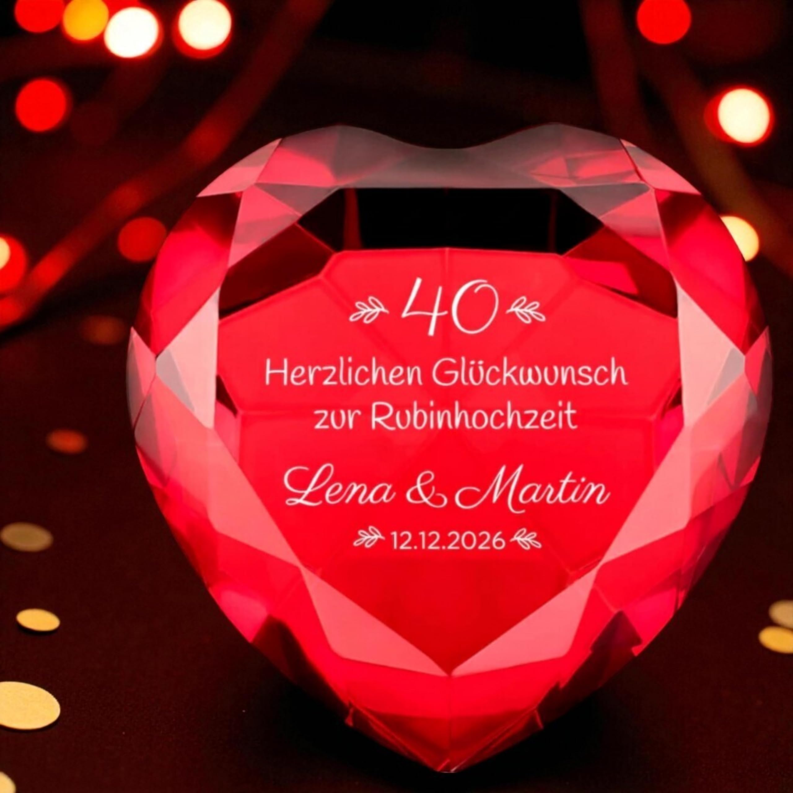 4You Design | Glasdiamant zur Rubinhochzeit mit Gravur | Personalisiertes Geschenk zum 40. Hochzeitstag | Kristall-Diamant mit Namen & Datum
