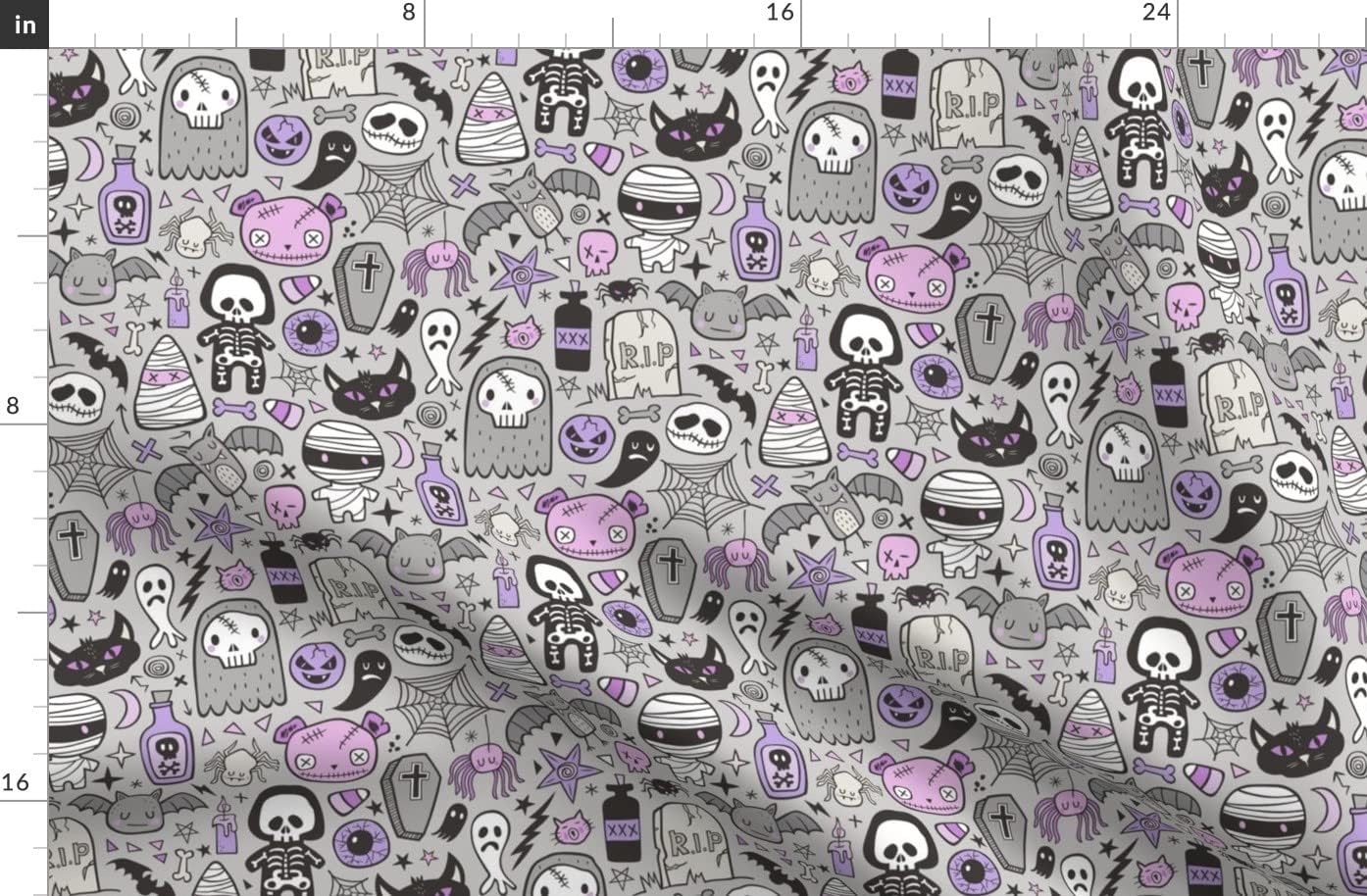 Spoonflower Fabric - Halloween Doodle Skulls Spider Skeleton Bat Ghost Web Purple Light Printed on Organic Cotton Sateen Fabric by The Yard - Sewing Quilting Apparel Home Decor