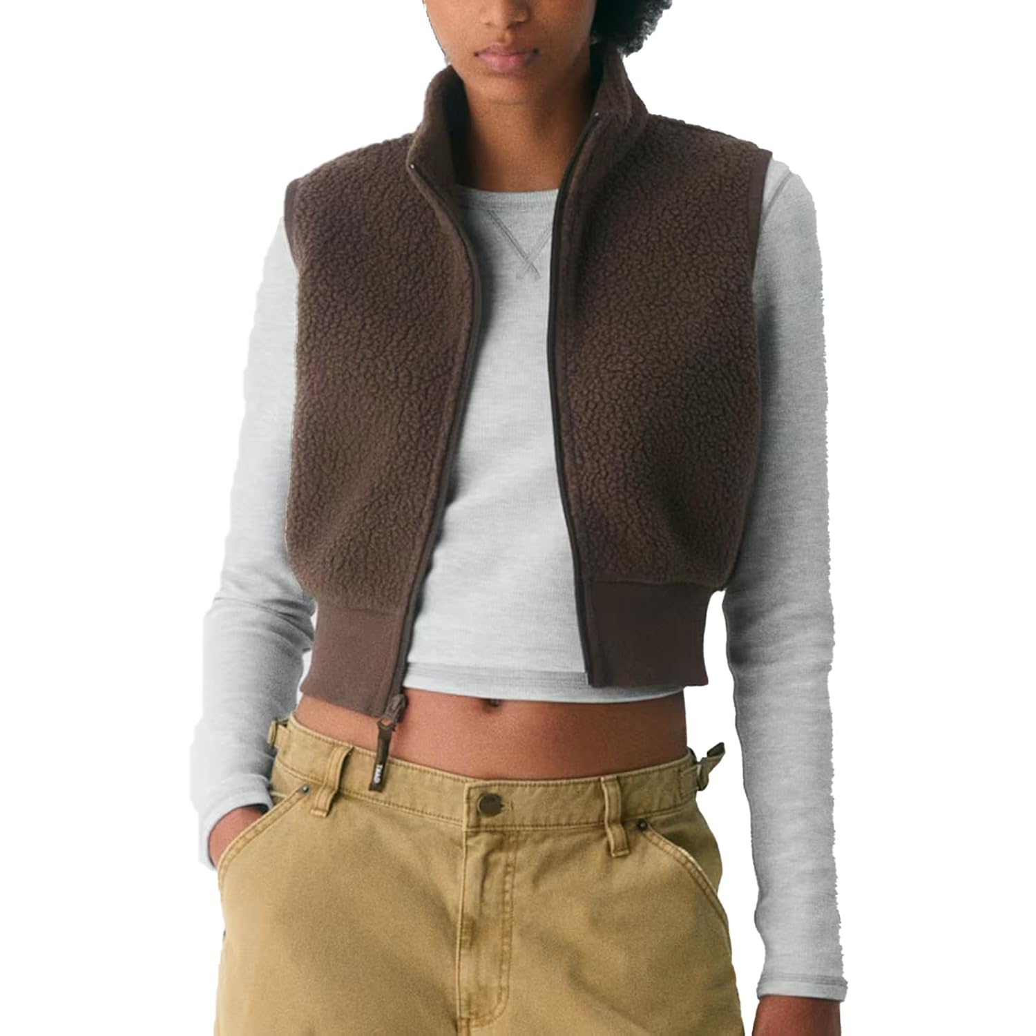 Cropped Fleece Vest for Women Stand Collar Sleeveless Sherpa Jacket Vests Elastic Waist Full Zipper Fuzzy Fleece Coat