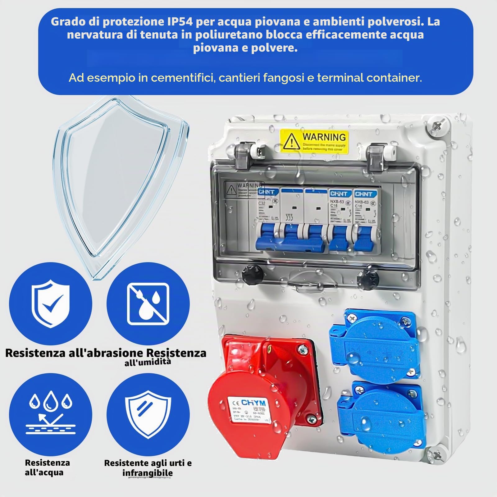 Distributore di Corrente da Paret,Distributore di Corrente da Cantiere 16 A 220 V-250 V Custodia IP54 Impermeabile Kit Completo Quadro Elettrico per Industria, Edilizia, Fabbrica