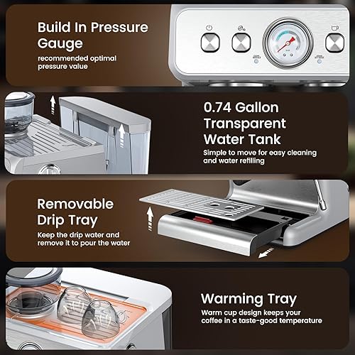 Miniatura 4 de Máquina de café expreso con molinillo, máquinas de café expresso semiautomáticas de acero inoxidable de 20 bares, con un espumador de leche, varita
