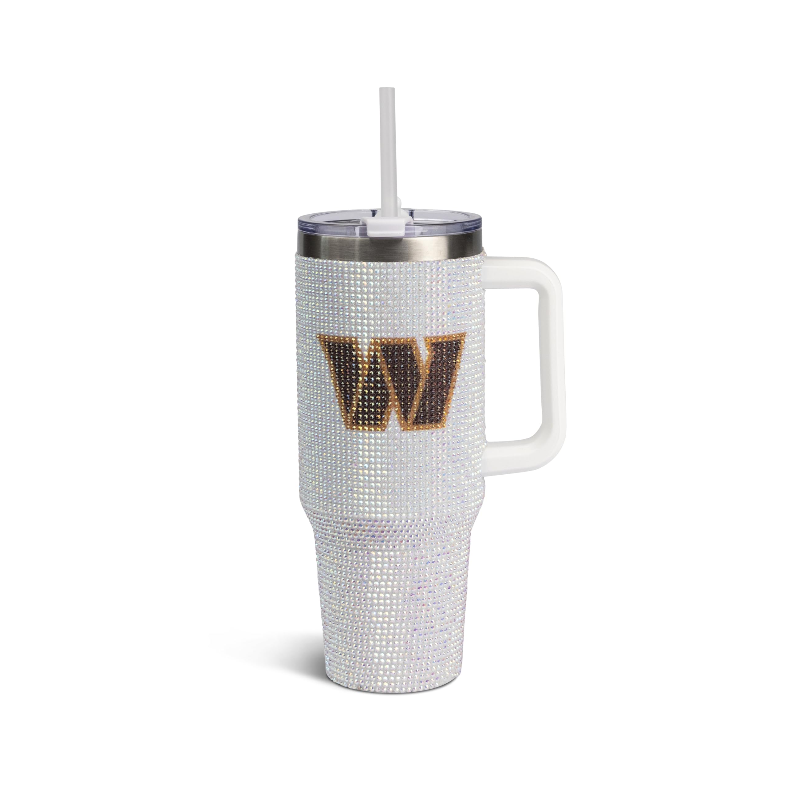 The Memory Company Officially Licensed NFL 40oz Stainless Steel Tumbler - Double Wall Insulated Travel Cup with Handle and Straw Lid - Crystal Rhinestone Design