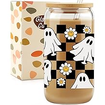 Halloween Ghost Cup, Spooky Mug, 16 oz Tumbler Glass Cups with Lids and Straws - Spooky Iced Coffee Cup Smoothie Cup, Cute Halloween Gifts for Women, Kids, Teens, Boys, Girls