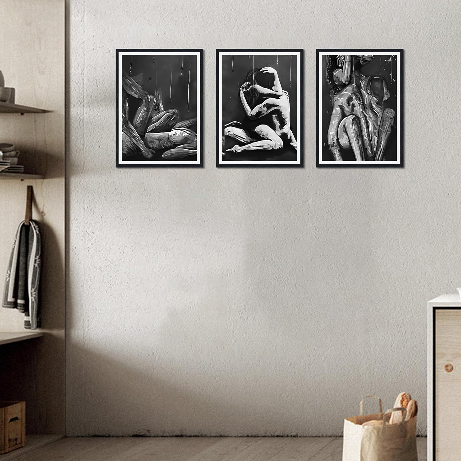 Sexy Lovers Framed Canvas Print Wall Art Man and Woman Painting Wall Decor Abstract Body Curve Line Posters Black White Artwork for Bedroom Bathroom Bar Ready to Hang 12x16inchx3Pcs BLACK