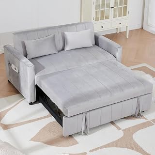 3 in 1 Convertible Sleeper Couch,55.51" Modern Velvet Futon Sofa Bed, Pull Out Couch for Bedroom&Living Room, Storage Pockets and 2 Toss Pillows,Adjustable Backrest,Small Loveseat (Grey)