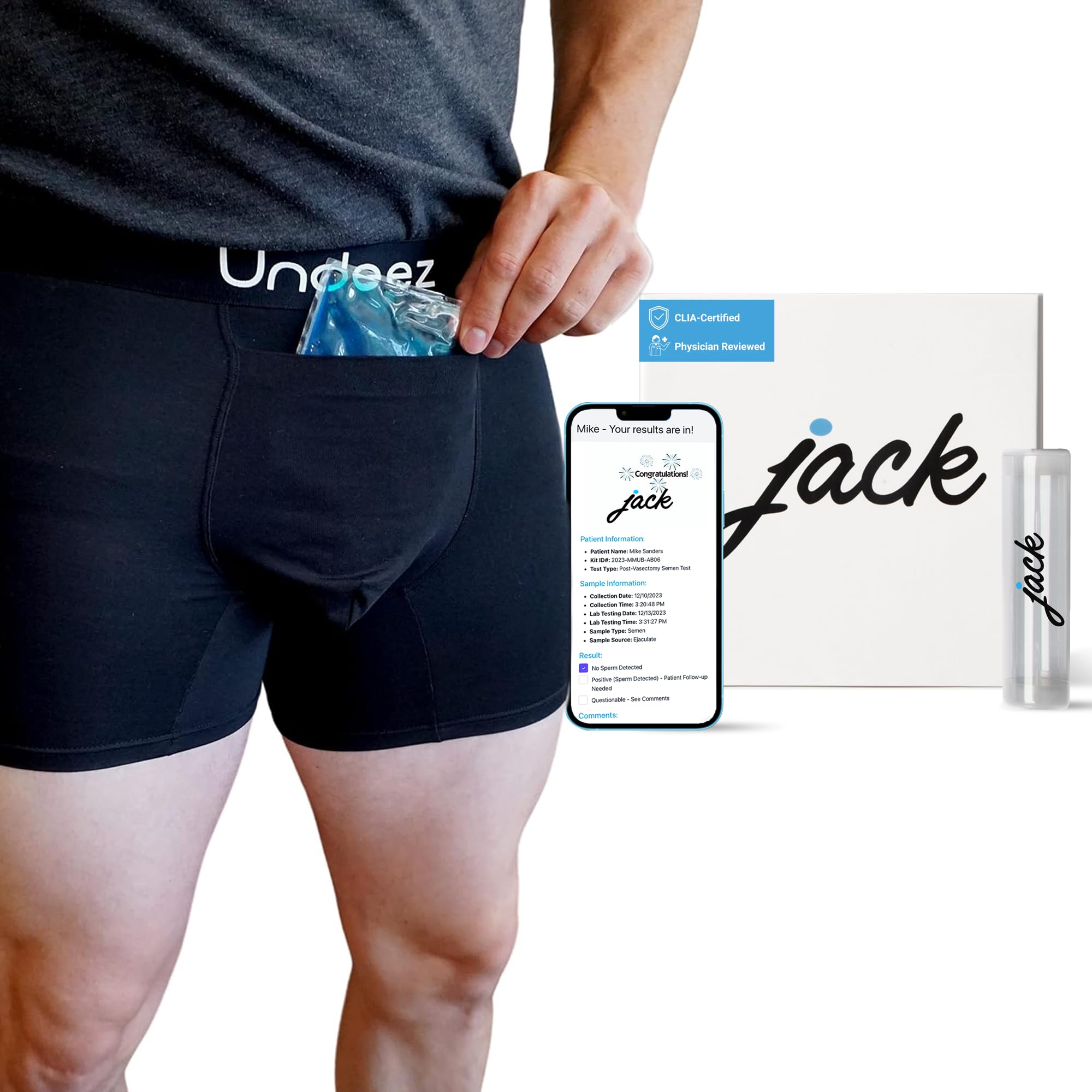 UndeezTesteEZ Bundle Size Large Vasectomy Ice Pack Underwear & Jack at-Home Vasectomy Test Kit - Accurate Results from CLIA-Certified Lab