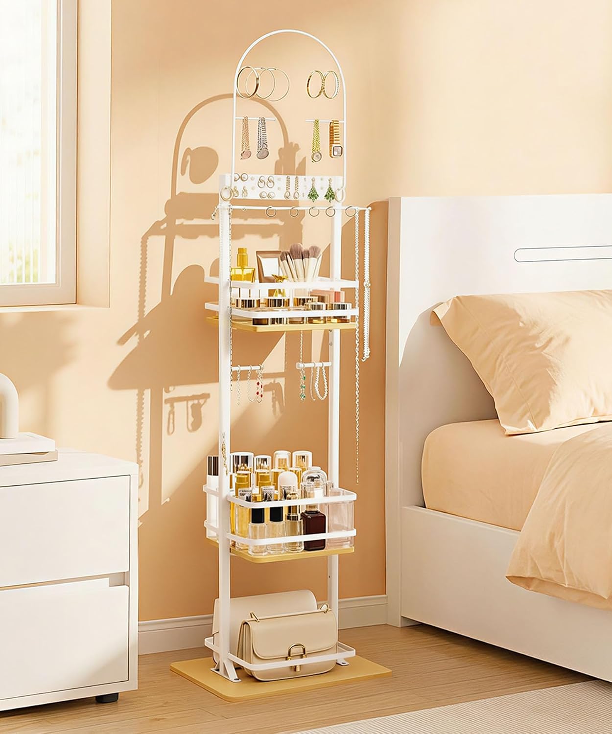 Homde Women Jewelry Holder Organizer: Large Floor Jewelry Stand for Necklaces Bracelets Earrings Makeup - 3-Tier Metal Storage Display for Bedroom Vanity - Hanging Tree with Hooks