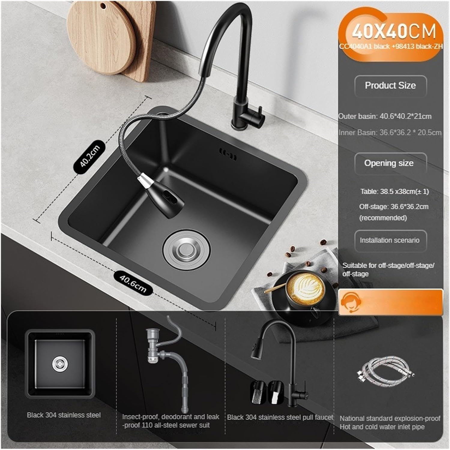 Kitchen Sink Black 304 Stainless Steel Square Single Sink Bar Counter Vegetable Washing Basin Thickening Deepening Sink(40X40cm C)
