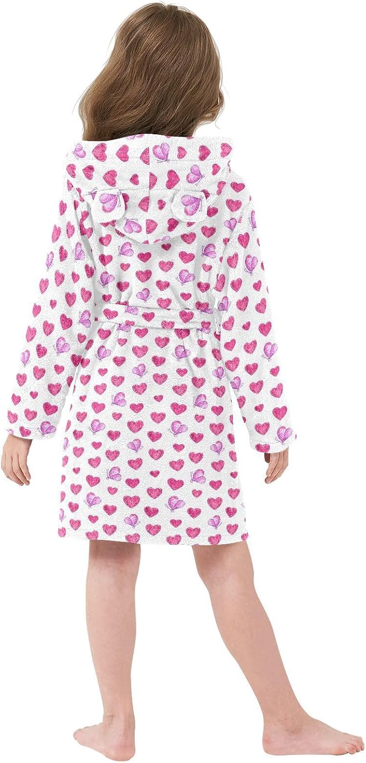 senya Hearts and Pink Butterflies Toddler Hooded Bathrobe Kids Soft Plush Bath Towel Robes for Boys Girls 2-12 Years