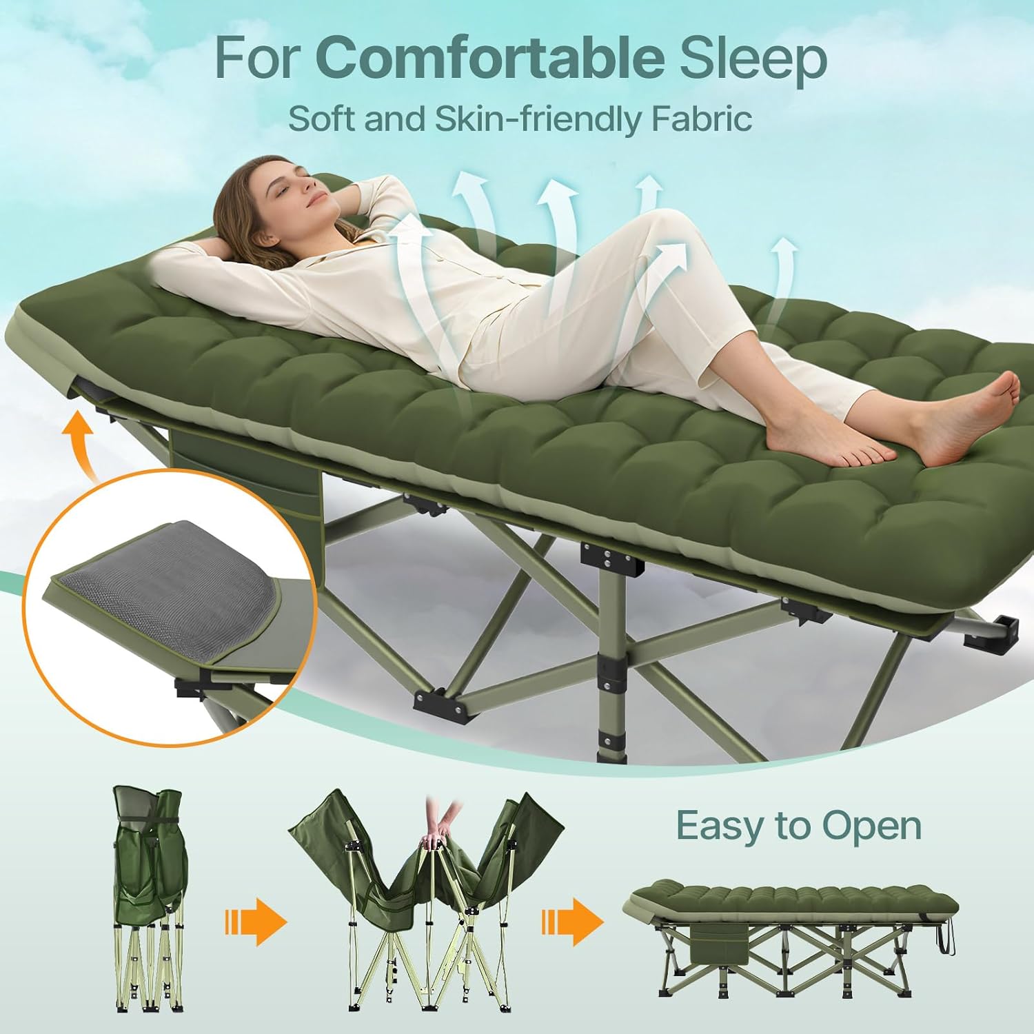 Suteck 32In XXL Folding Camping Cot, 900LBS Heavy Duty Sleeping Cot with Pillow Mattress, 1200D Double-Layer Oxford Portable Cot for Adults with Carry Bag for Home Office Nap Beach Travel