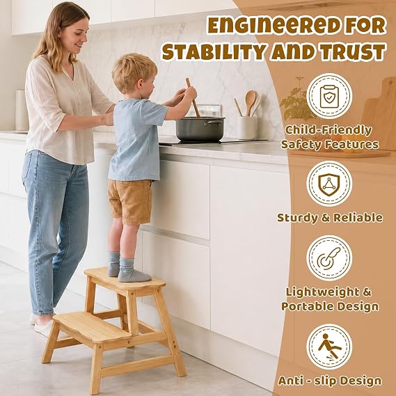 COSYLAND Step Stool for Toddlers - Two Step Stools Toddler 300 lbs Capacity with Safety Non-Slip Design, Natural Step Stool for Bathroom, Kitchen Dual Height Step Stools for Kids Natural