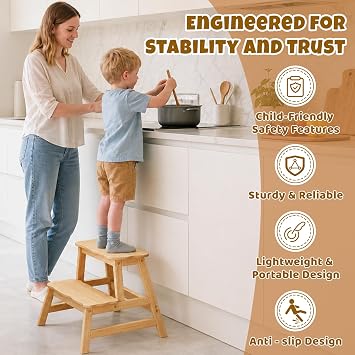COSYLAND Step Stool for Toddlers - Two Step Stools Toddler 300 lbs Capacity with Safety Non-Slip Design, Natural Step Stool for Bathroom, Kitchen Dual Height Step Stools for Kids Natural
