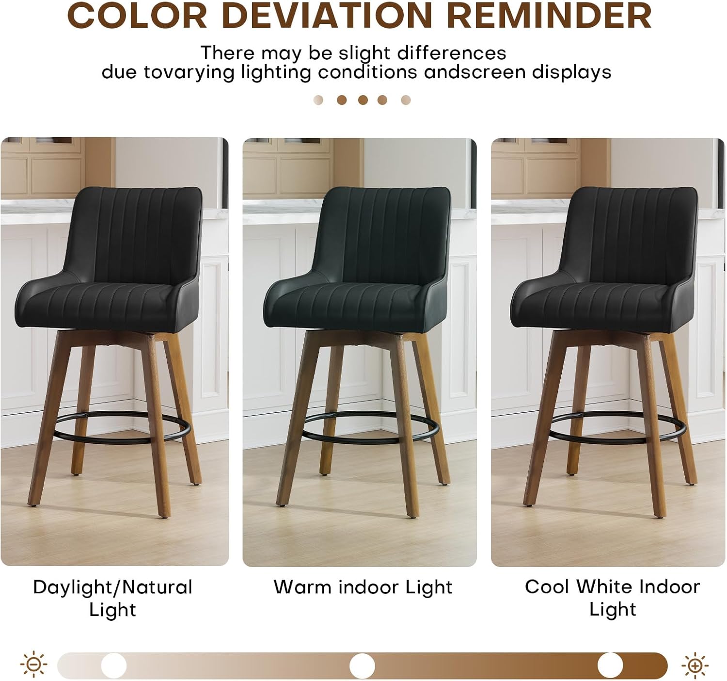 26" Counter Height Bar Stools Set of 3, Swivel Counter Stools with Back and Solid Wood Frame, Faux Leather Upholstery, Mid-Century Modern Bar Chair Stools for Kitchen Island, Bar, Black