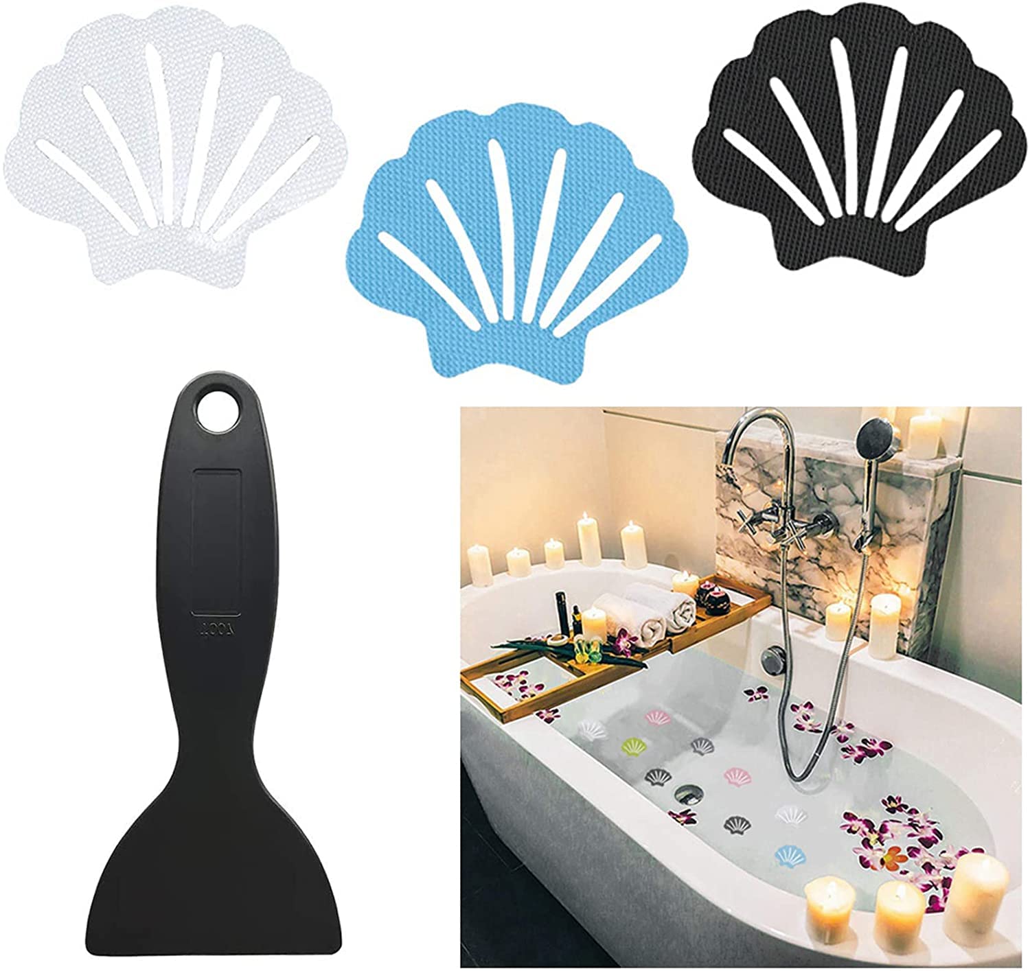 Non-Slip Bath Stickers, Shell Style Self Adhesive Tub Shower Stickers Gravel Texture, Safety Bathroom Tubs Stickers with Scraper for Bathroom, Pools, Boats, Stairs (18 Pack)