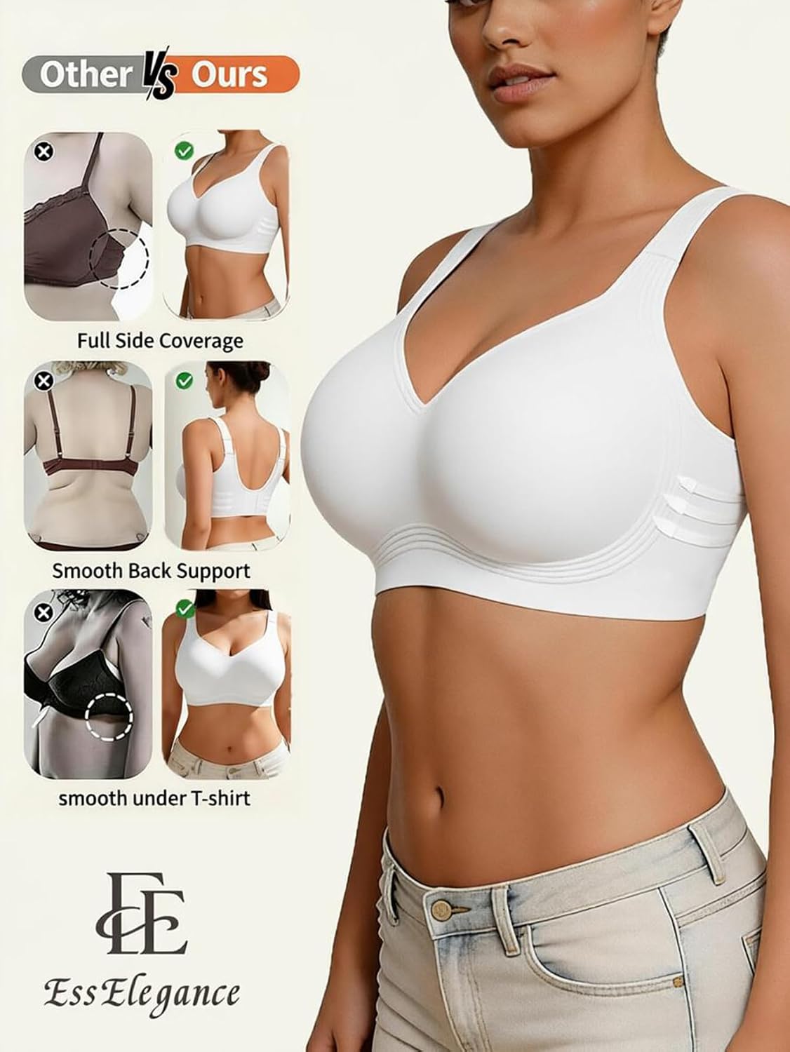 Womens Wireless Jelly Bra V Neck, Supportive Seamless Bras, Full Coverage Push Up No Underwire Tshirt Bras