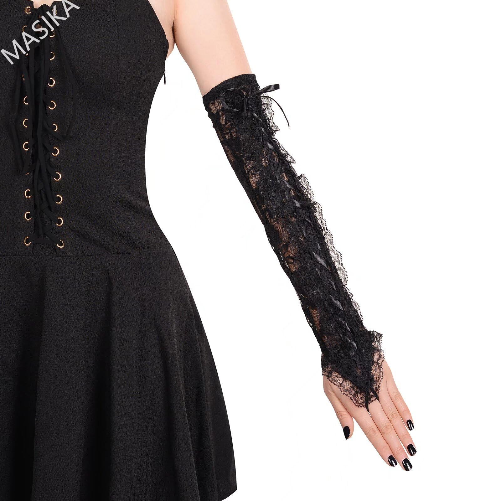 Guantes sin dedos de encaje negro, guantes largos de satén para mujer, cosplay, accesorios góticos, fiesta, espectáculo de escenario, guantes de boda., Negro