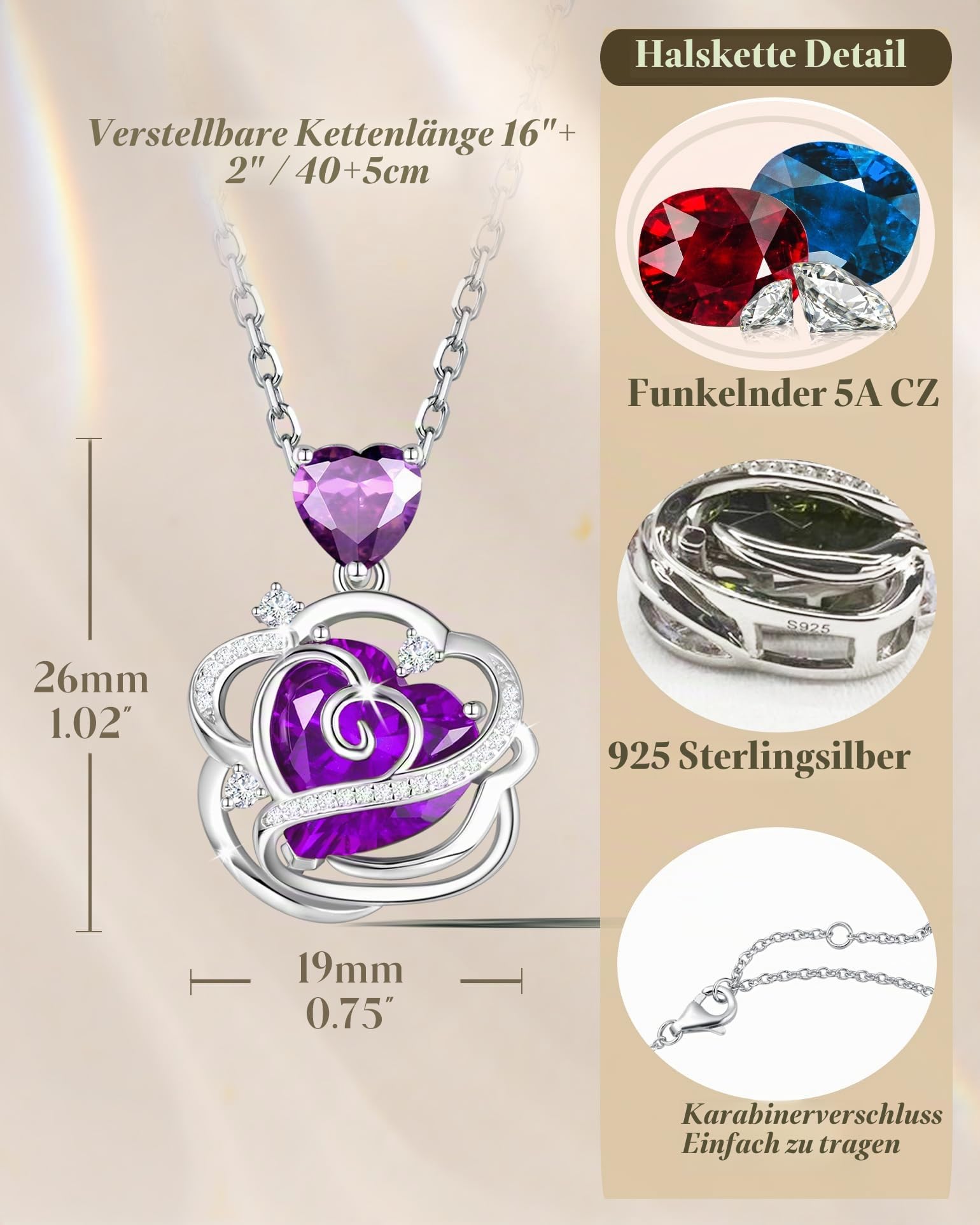 FANCIME Rose Anhänger Halskette für Damen mit Herz künstliche Geburtsstein | 925 Sterling Silber Kette vergoldet mit imitierter Edelsteine Blume Schmuck Weihnachten Geburtstag Geschenke für Frau Sie Mam