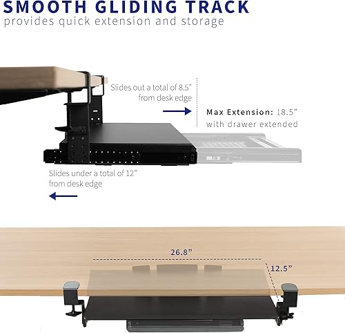 Miniatura 6 de VIVO Bandeja grande para teclado ajustable en altura con abrazadera, plataforma extraíble, cajón para lápices, 27 (33 abrazaderas incluidas) x cajón