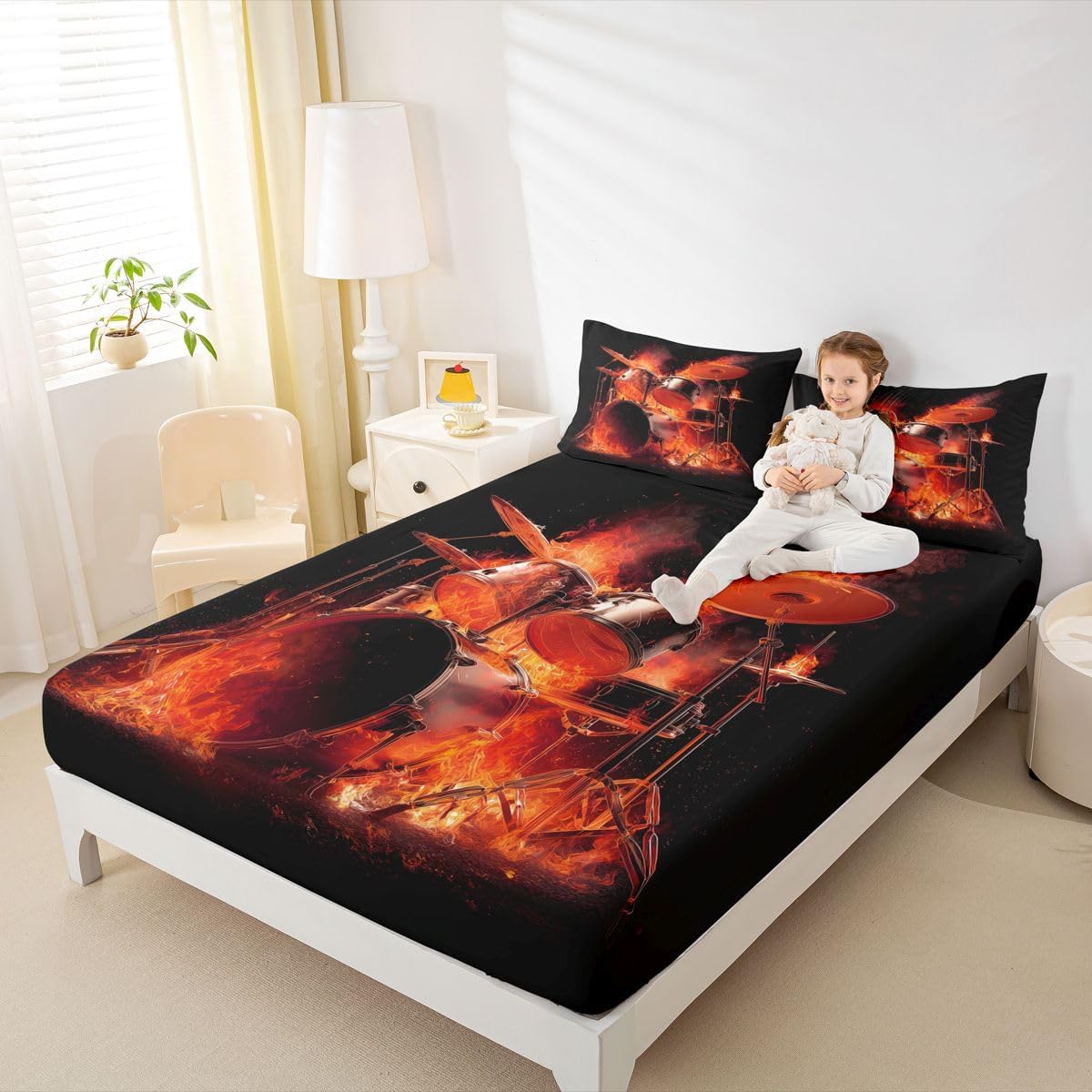 Erosebridal Red Drum Kit Full Sheets Music Theme Bed Sheets, Band Drum Set Fitted Sheet Fire and Instruments Bed Set, Pop Star Musician Bedding Black Decorative 3pcs with 2 Pillowcase (Deep Pocket) image 3
