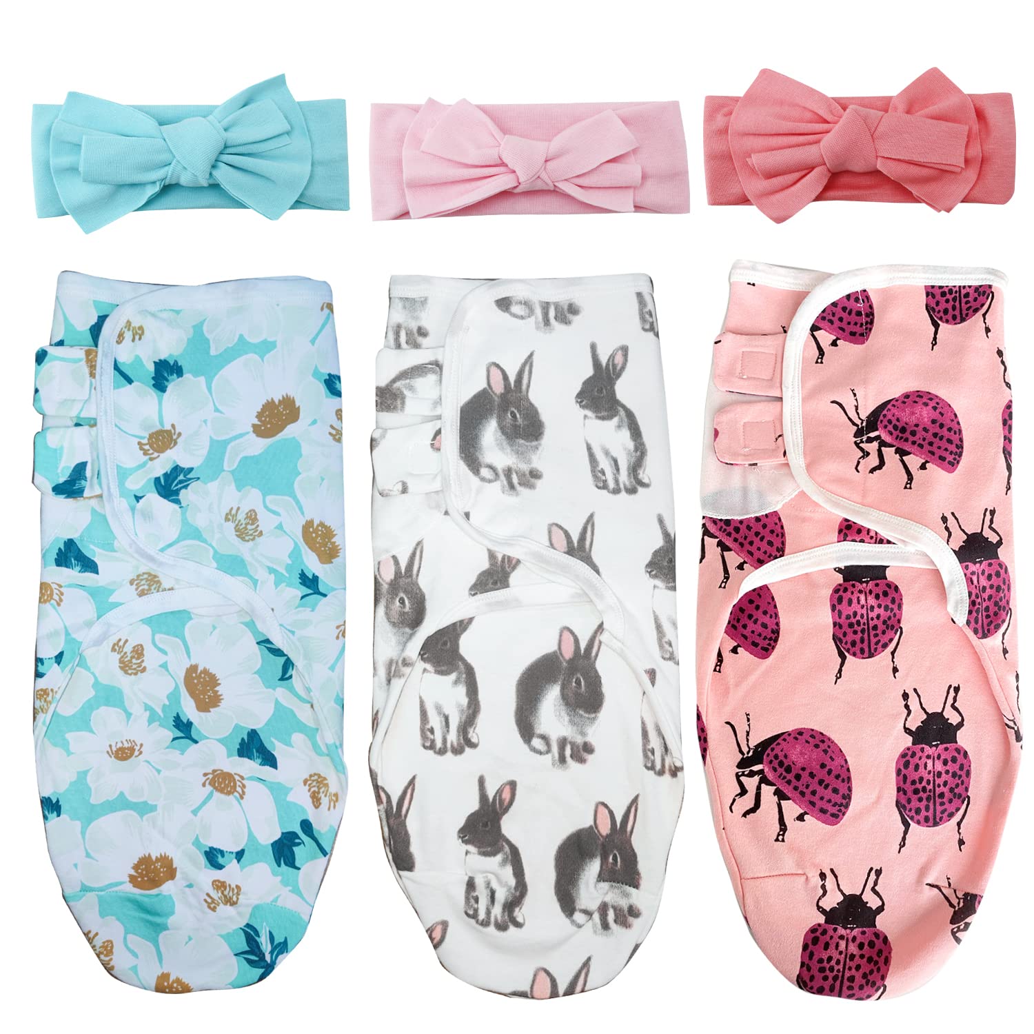 EZ Moms 3 Pack Newborn Baby Swaddles 0-3 Months 100% Cotton Soft Velcro Swaddle Sack Adjustable Easy Baby Girl Swaddle Blanket Cute Comfortable Preemie Swaddles Sack with 3pcs Headbands