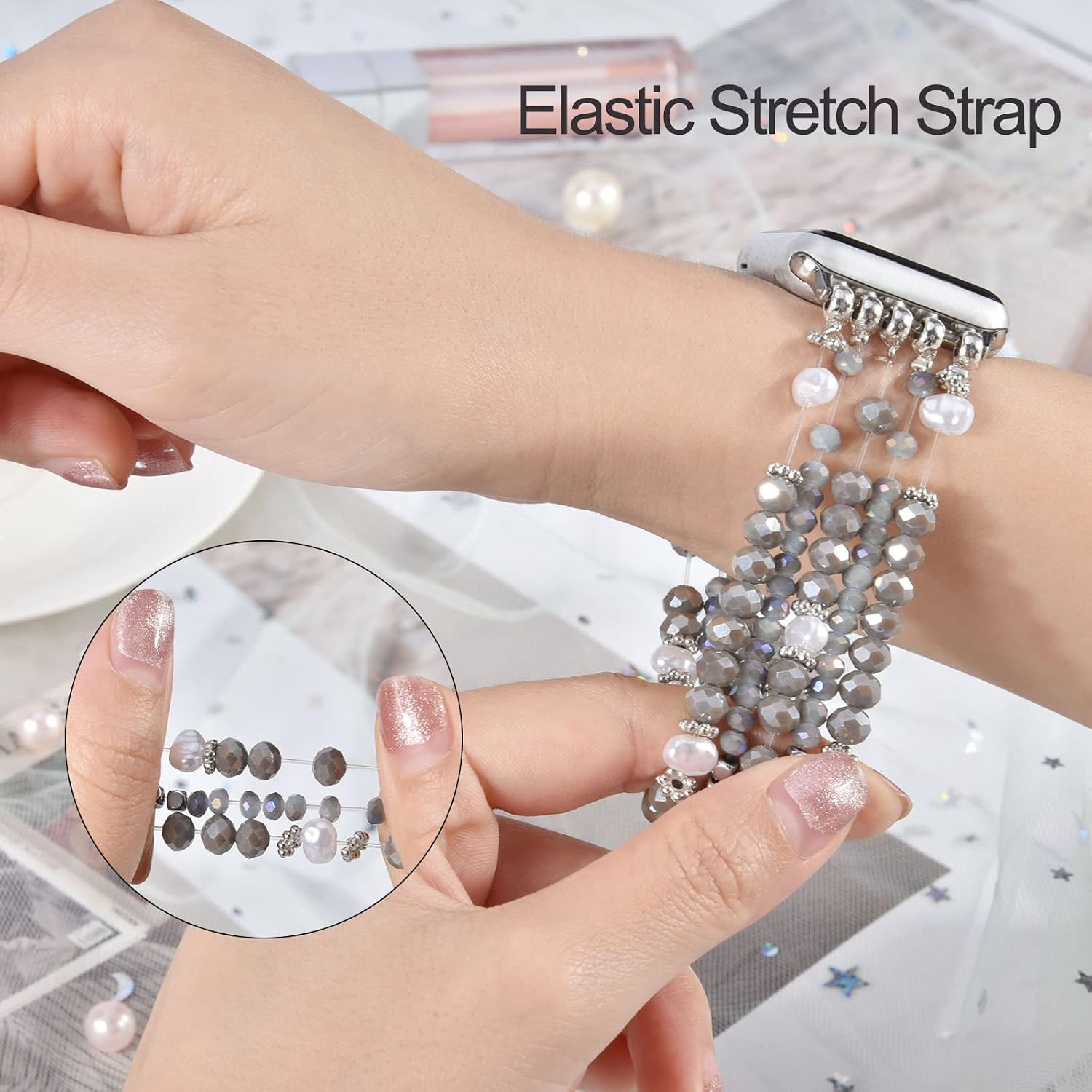 V-MORO Beaded Bracelet Compatible with 41mm/40mm Series 8/7/6 Apple Watch Bands Natural Pearl Beads Handmade Elastic Stretch Strap for iWatch Series SE/5/4/3/2/1(38/40/41mm,Gray) for 5.5"-6.1" wrist