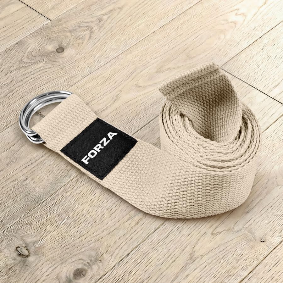 FORZA Yoga Strap with Metal D-Ring – Adjustable Cotton-Poly Stretching Belt for Yoga, Pilates, Mobility & Rehab – Durable, Soft, Reinforced Design – 6ft & 8ft Options (Beige, 6ft)
