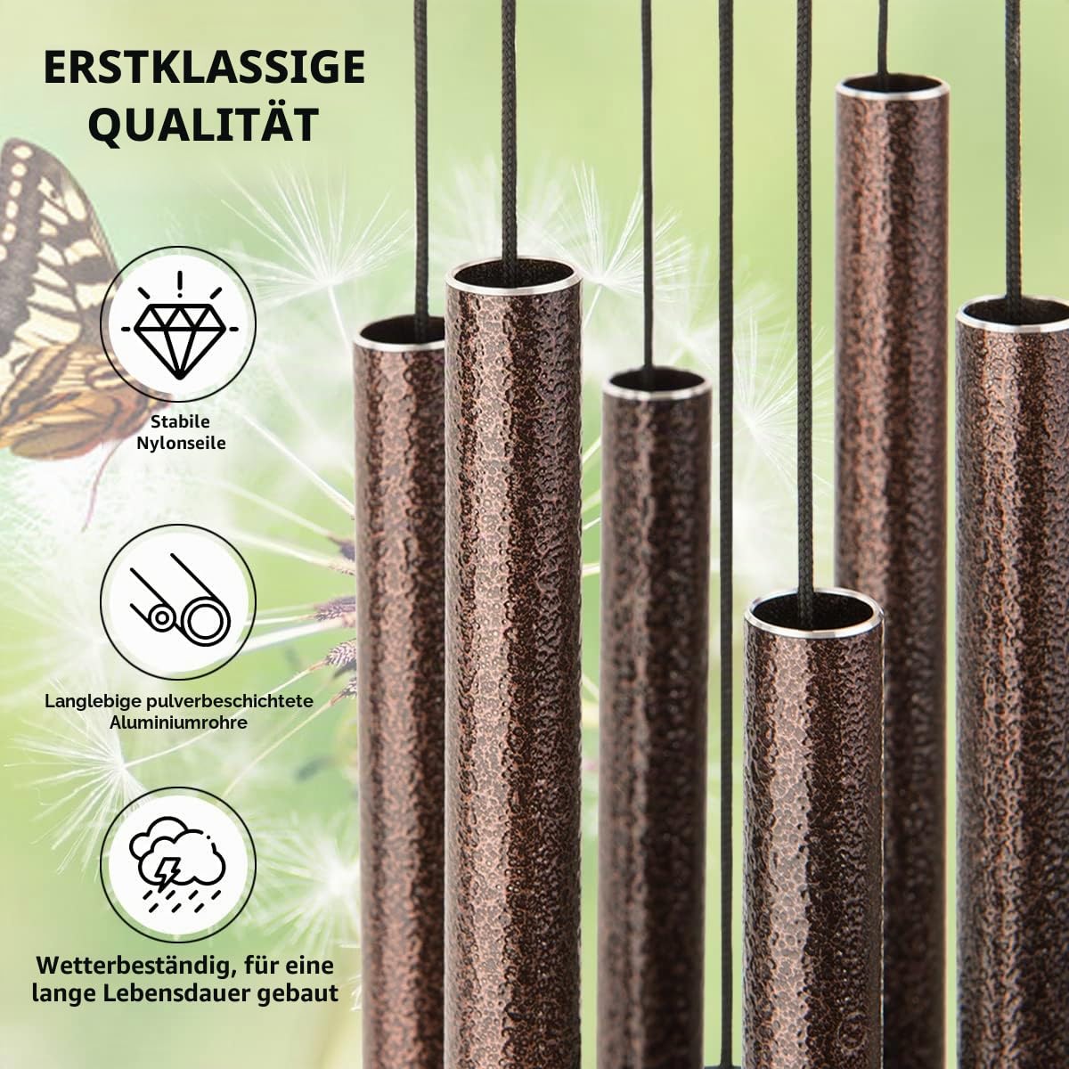 Windspiele-6 hohlaluminiumrohre, 28" Wind Chime für Garten 4Wx28.5H Zoll Kupfer-ader