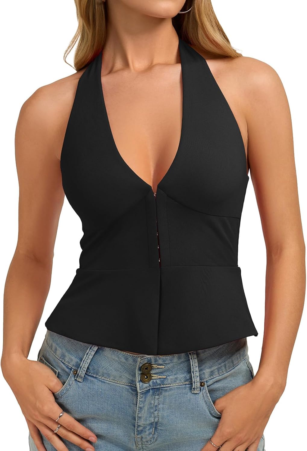 REORIA Women's Halter Front Open Tops Backless Sleeveless Slit Crop Tank Vest Y2K Going Out Club 2026 Outfits - Image 7