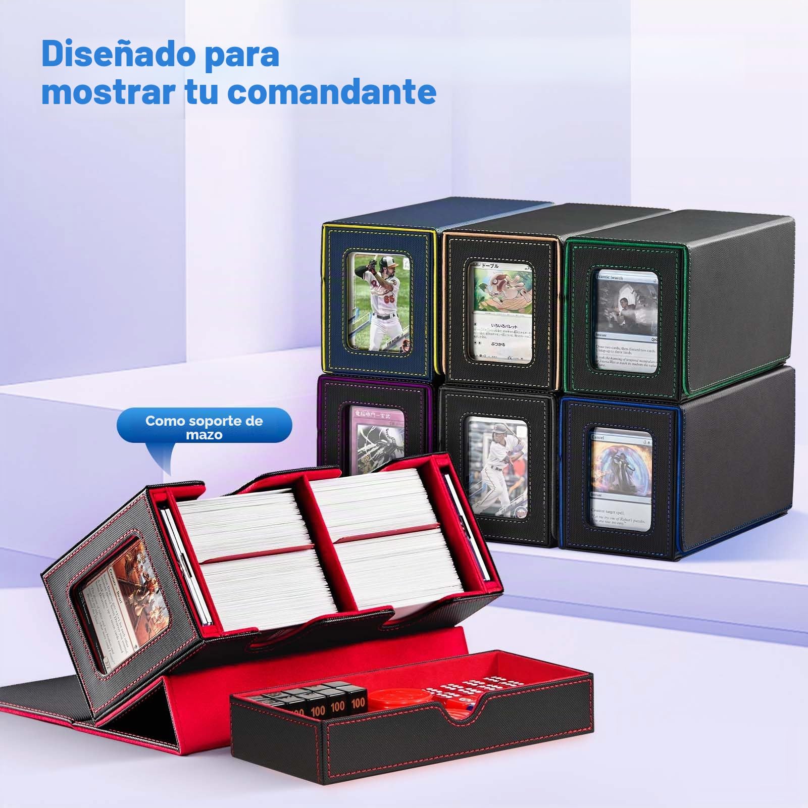 UAONO Caja de almacenamiento para MTG, caja de almacenamiento de doble bandeja con 2 soportes de exhibición de comandantes y 1 bandeja para dados, puede contener más de 200 bolsas dobles, organizador