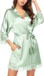 Ekouaer Womens Silk Robe Short Lace Trim Satin Robe 3/4 Sleeve Sexy Kimono Bride Bathrobe Comfy Sleepwear with Pockets