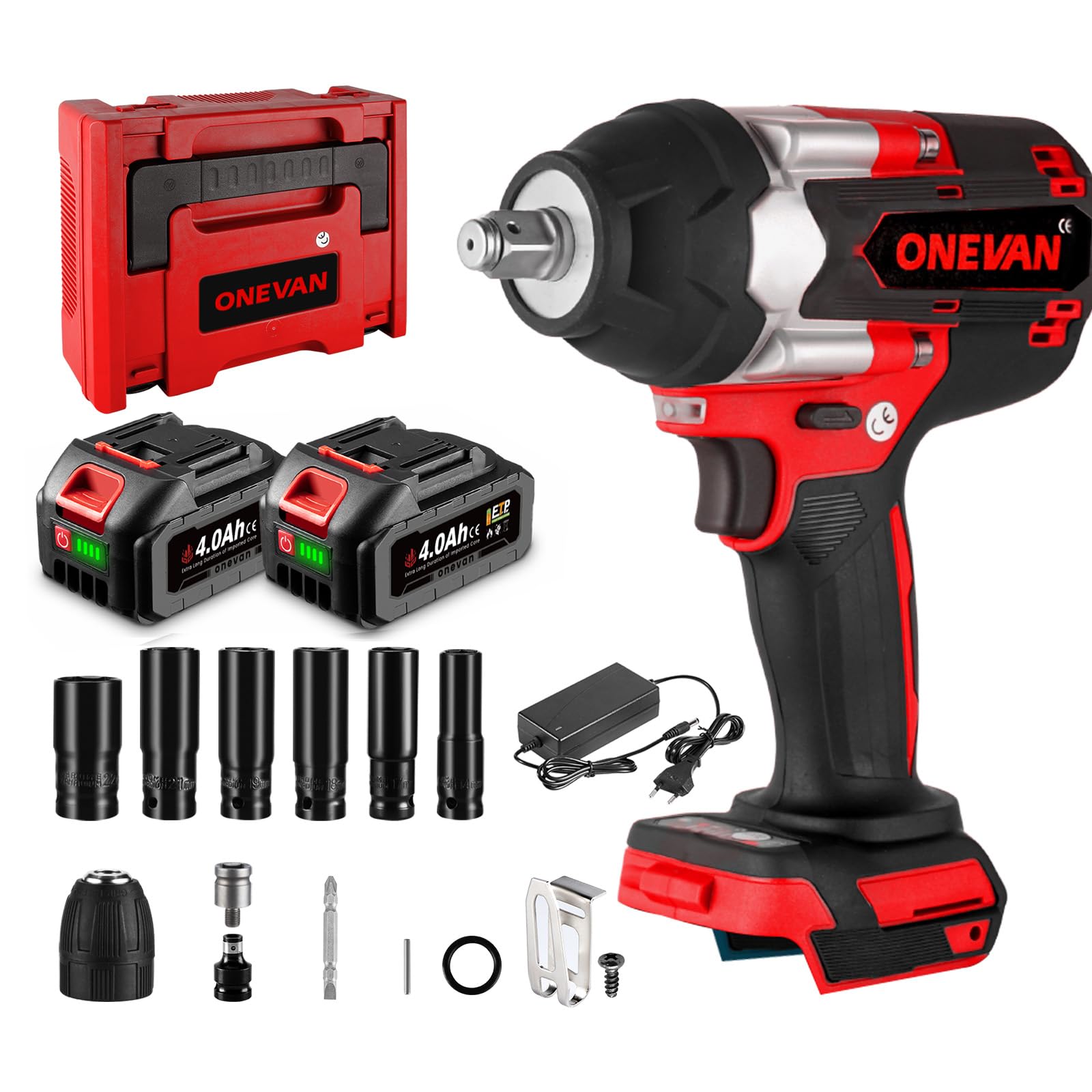 ONEVAN Avvitatore a Percussione Senza Fili 1000 Nm con 2 Batterie 4,0 Ah, Senza Spazzole 1/2" per Auto, Cantiere e Montaggio Pesante (Rosso)
