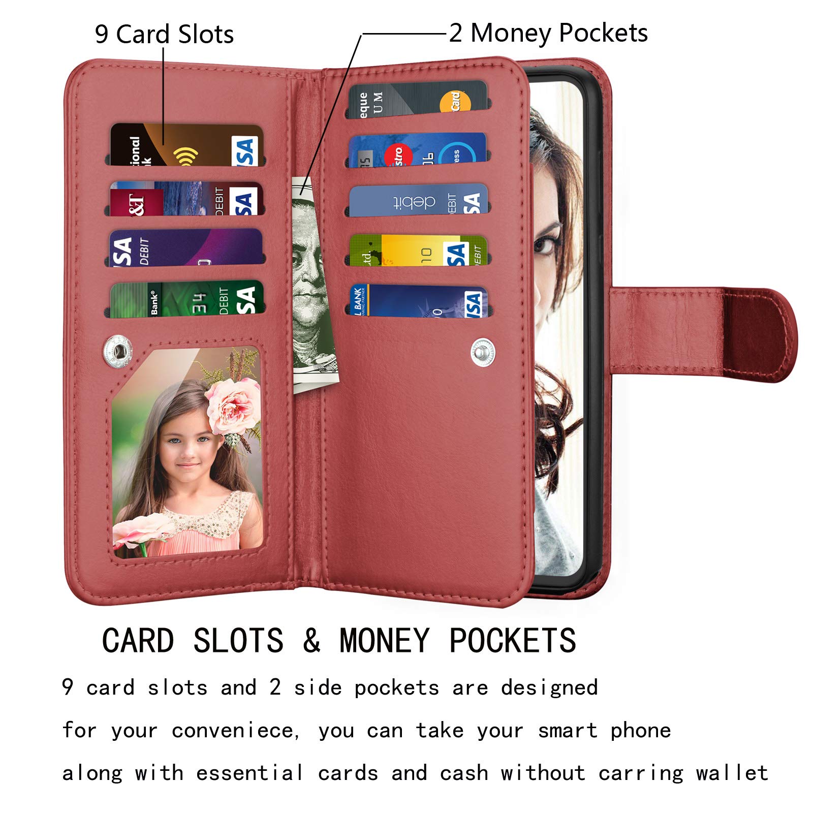 Njjex Compatible for Mototola G Stylus 2020 Case/Moto G Stylus Wallet Case 2020, [9 Card Slots] PU Leather ID Credit Holder Folio Flip [Detachable] Kickstand Magnetic Phone Cover & Lanyard -Wine Red