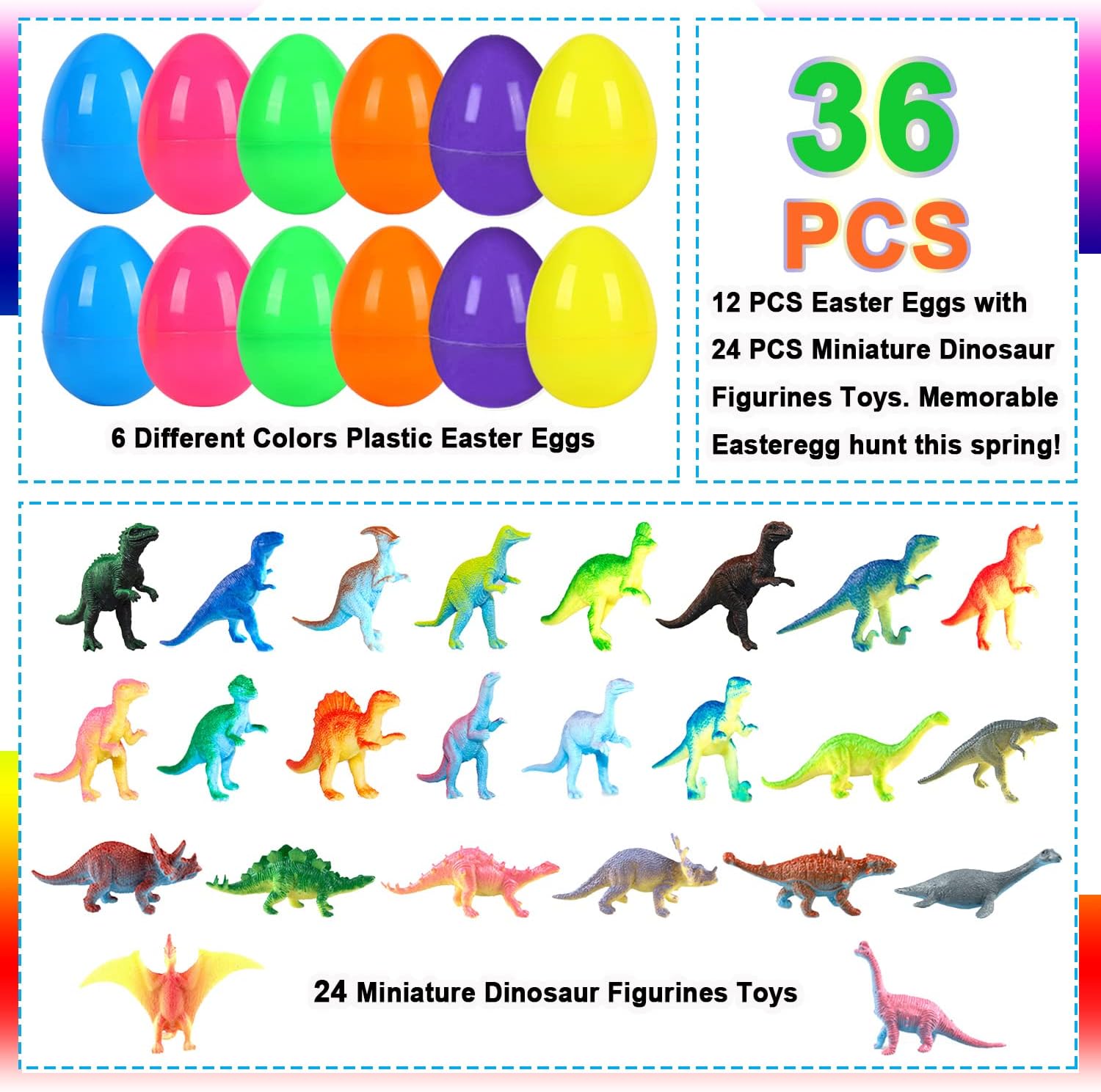 JIALWEN 12 Pack Filled Easter Eggs with 24 Dinosaur Toys Set, Easter Basket Stuffers Plastic Prefilled Surprise Eggs Easter Gifts Hunt Party Favors for Kids - Image 2