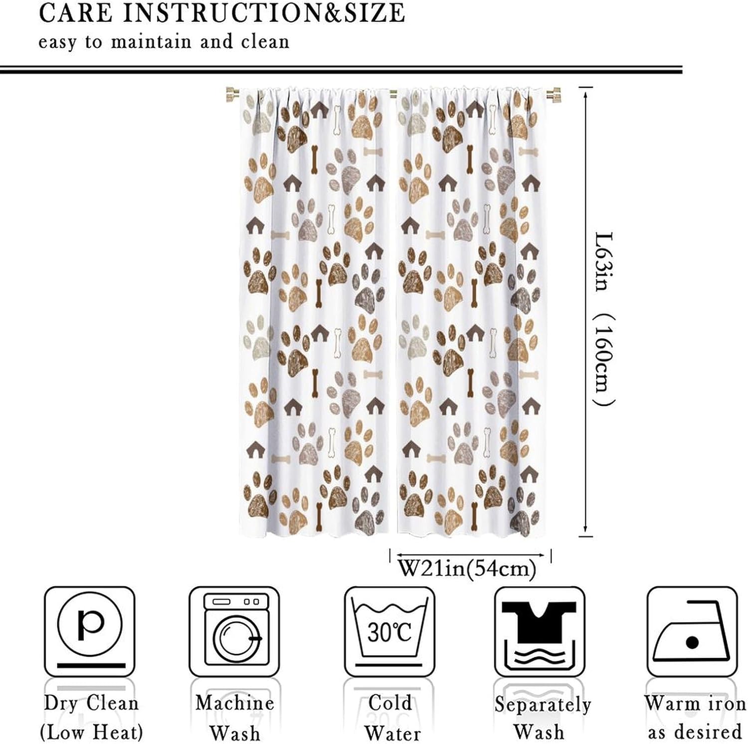 Paw Curtains, Funny Cute Graffiti Brown Animal Dog Footprint Bone Kennel Pattern Drapes for Kid, Thermal Insulation Blackout Rod Pocket Window Treatments for Living Room Bedroom Bathroom 42x63in