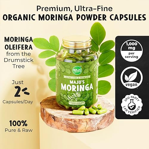 Miniatura 2 de Maju Superfoods Cápsulas de moringa orgánica, hoja de oleifera, hojas de moringa de calidad extrafina, hojas de árbol de baquetas secas, cápsulas de