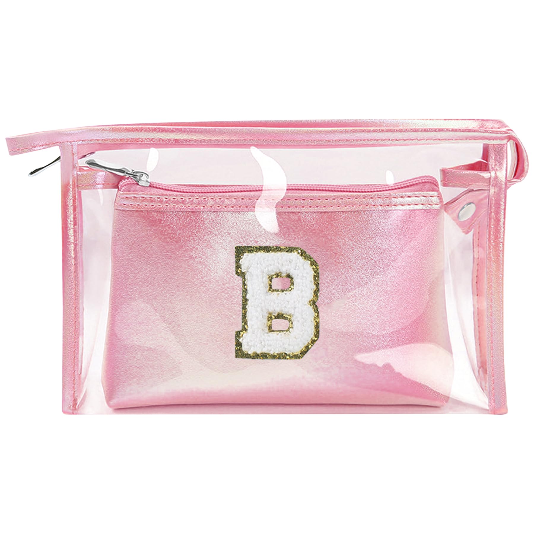 DONBAO 2PCS Travel Makeup Bag- Small Personalized Initial Letter Cosmetic Bag, Clear Portable Pouch Beach Toiletry Bag with Zipper, Waterproof Cosmetic Organizer Storage Bag for Women Girls (Pink, B)