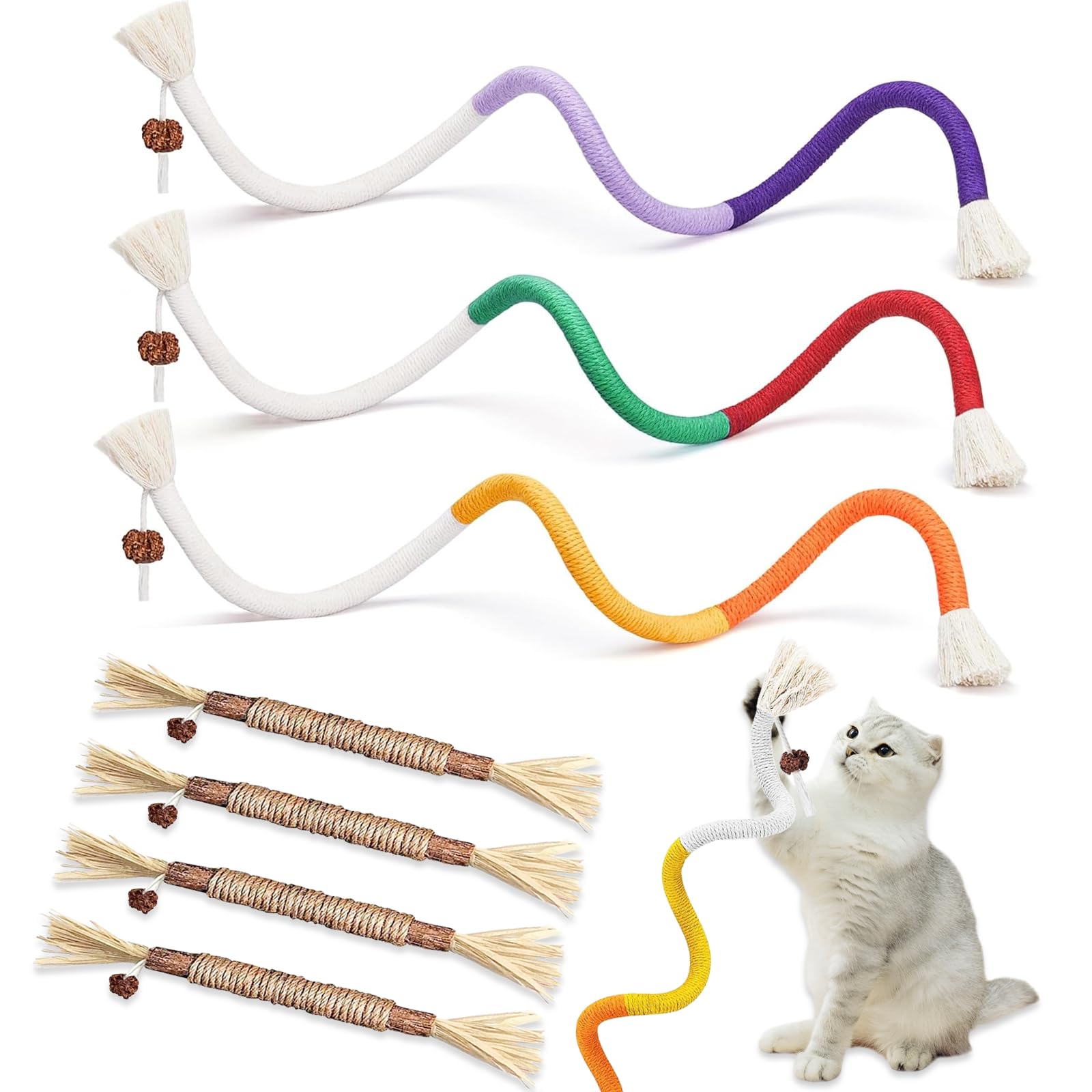 soodyoow 3 Stück Kauspielzeug Katze und 4 Katzenminze Stick, Katzenspielzeug, Beißseilen für Katzen, Katzenbeißseil, Katzenspielzeug Selbstbeschäftigung, Katzen Zahnpflege und Gegen Mundgeruch
