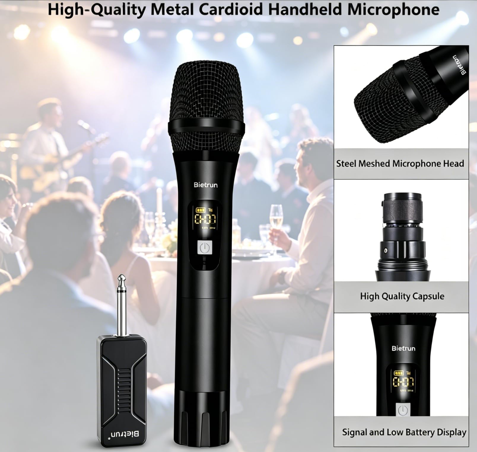 Bietrun Microfono wireless, microfono dinamico con ricevitore ricaricabile, connessione automatica, design interamente in metallo, portata di 48,8 m, microfono senza fili per karaoke, altoparlante