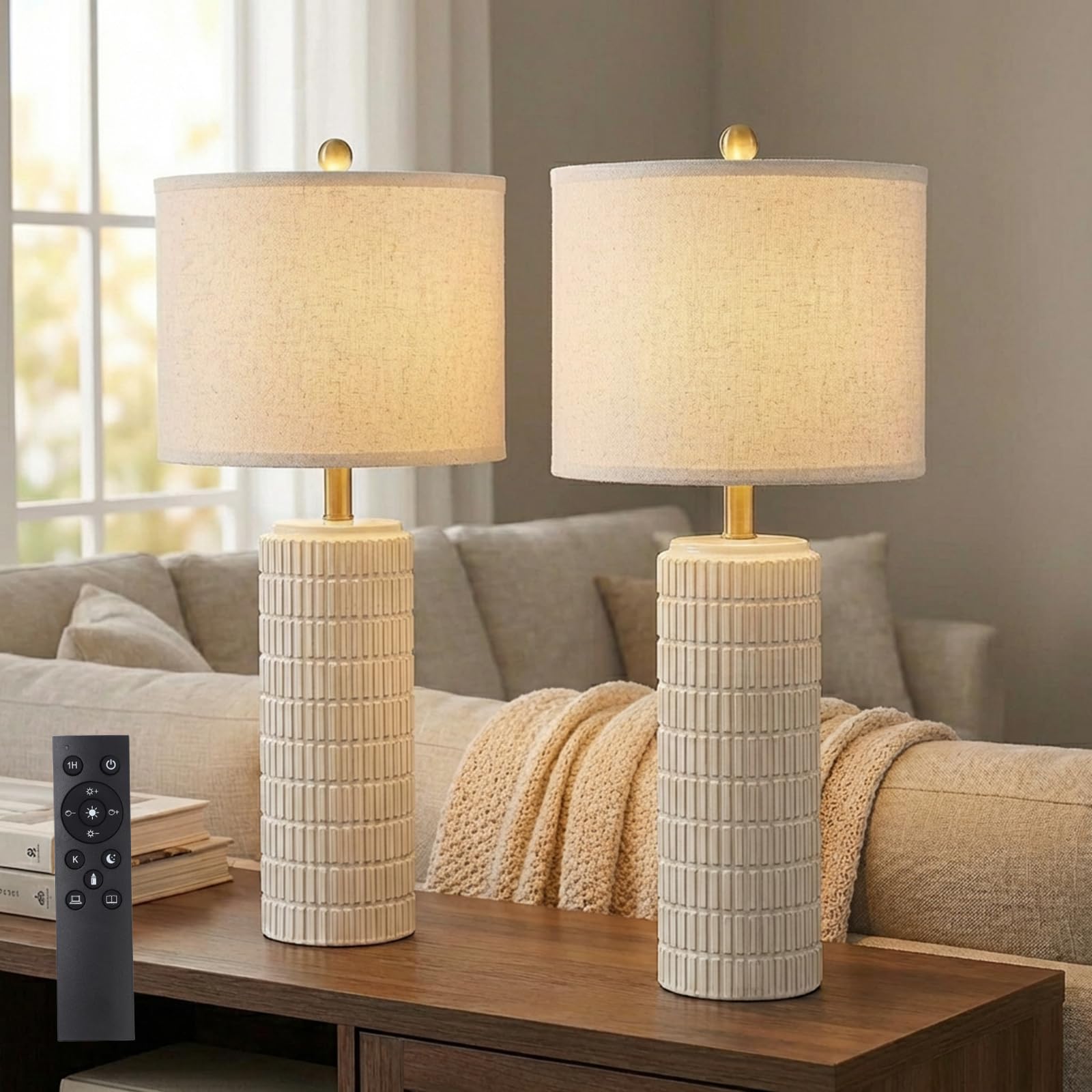 Tischlampen Leinenschirm 2er Set, H57cm LED Nachttischlampe Keramikfuß mit Timer 3 Farbtemperaturen Dimmbar, Inkl. E27-Birnen, Moderne Tischleuchte für Nachttisch Schlafzimmer Wohnzimmer Büro Lese