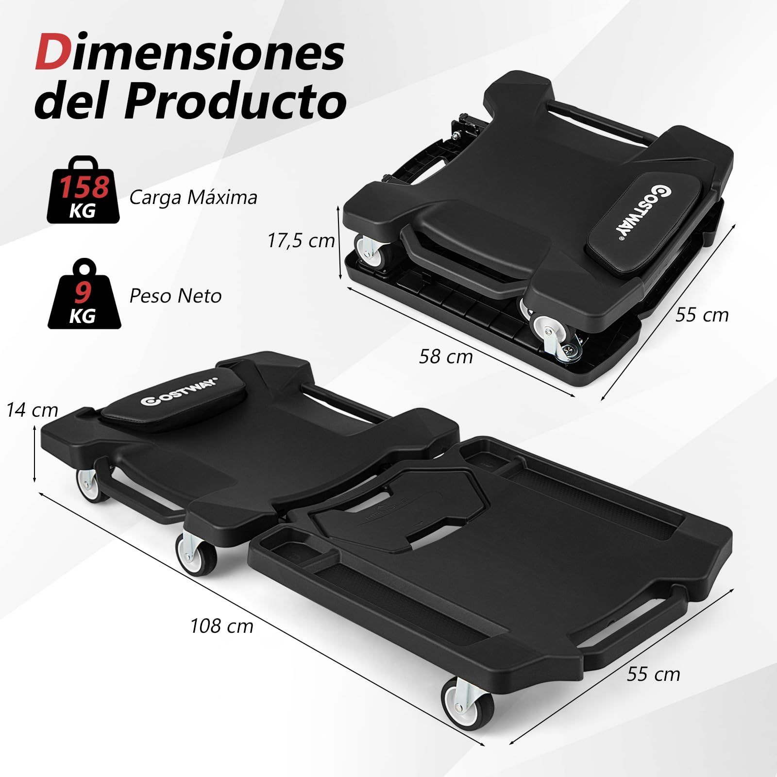GOPLUS Camilla de Visita Plegable para Mecánicos con 6 Ruedas Giratorias, Tablero con Ruedas y Reposacabezas, Bandejas para Herramientas, Carga de 150 kg, para Garaje, Taller y Reparaciones