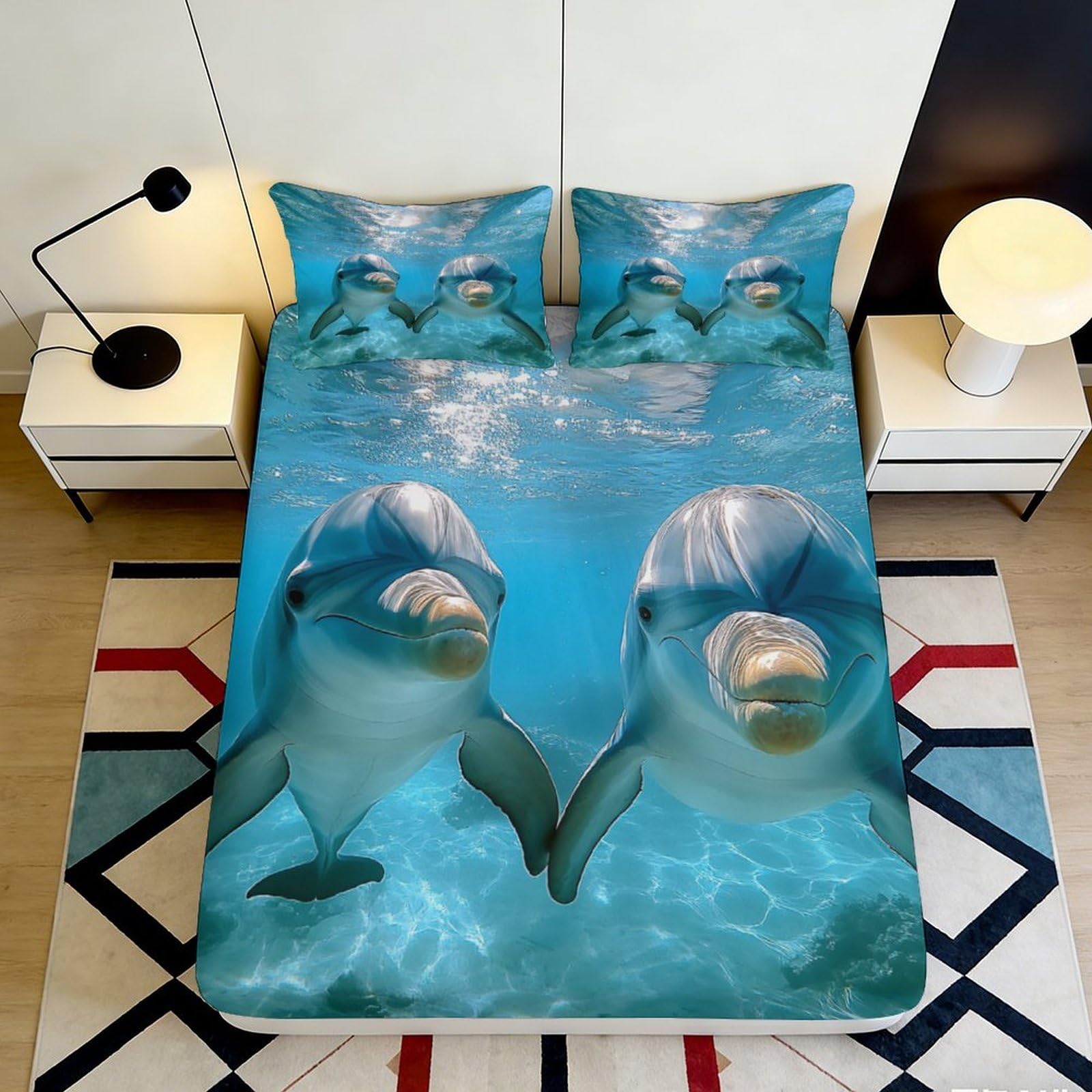 3D Printed Dolphin Underwater Fitted Sheet Microfiber Soft Breathable Ocean Pattern Mattress Cover for Bedroom Dormitory Guest Room Decor 140x200x25cm