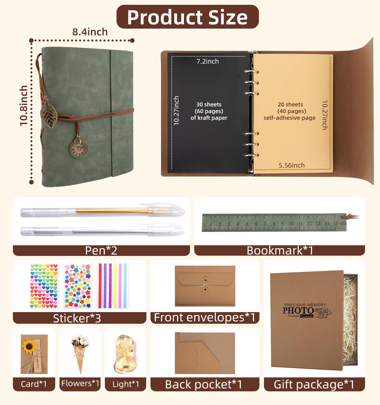 Álbum de fotos de 100 páginas, 60 páginas autoadhesivas + 40 páginas de papel kraft para fotos de 2 x 3, 3 x 5, 4 x 6, 5 x 7, libro de recuerdos de cuero para bodas, bebés, familiares, viajes