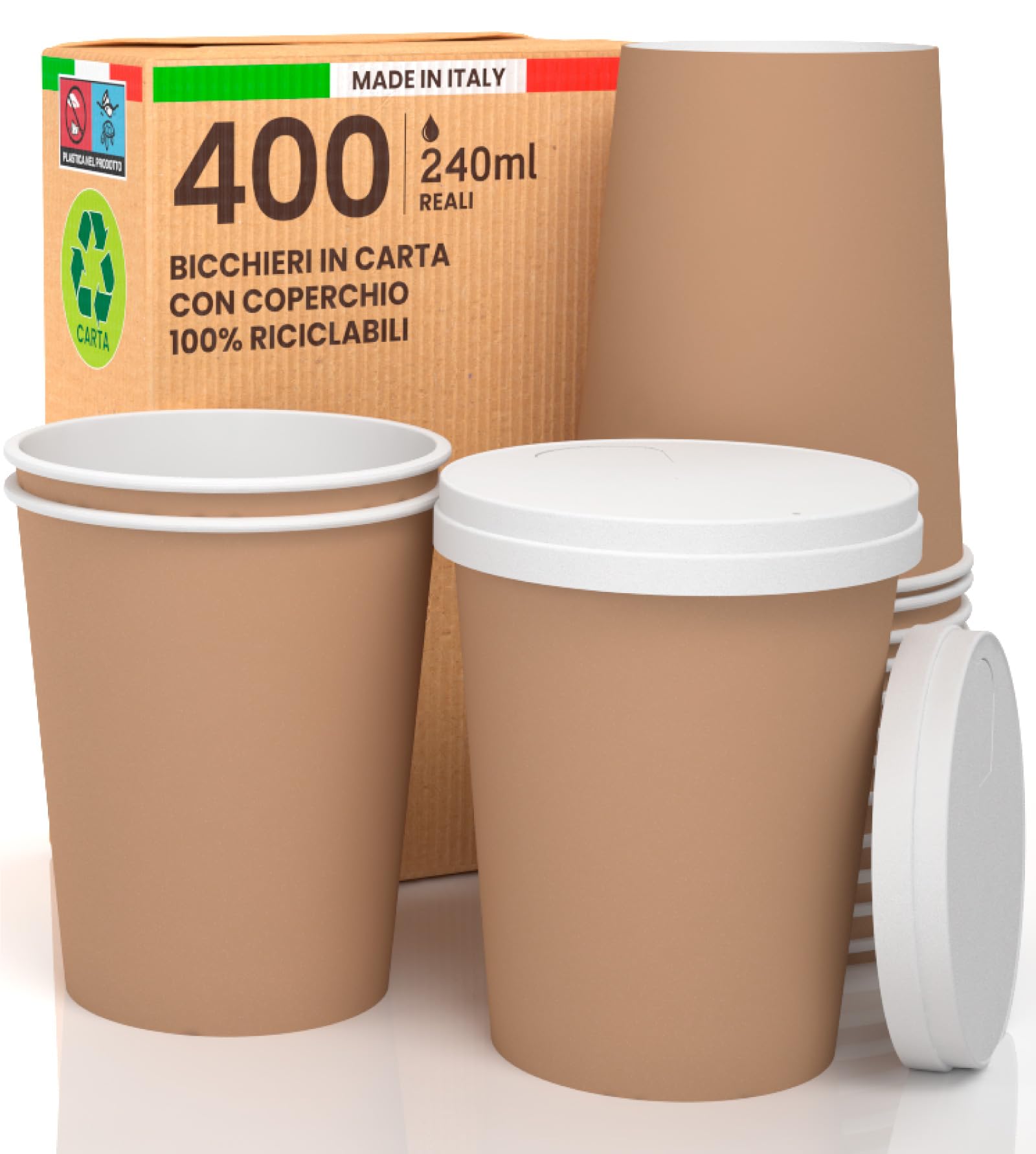 400 Bicchieri Caffè Asporto in Carta Avana 240ml Con Coperchio - Bevande Calde e Fredde, Tè, Infusi, Acqua - Ecologici Biodegradabili Tazze Monouso Colorate + 400 Coperchi Con Beccuccio