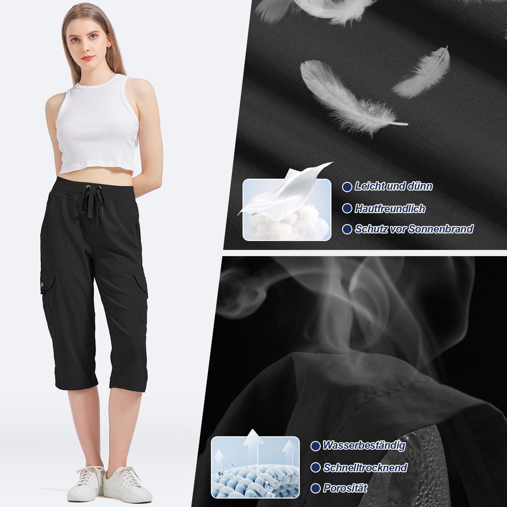 Pantaloni da donna estivi a 3/4 da donna, pantaloni estivi, pantaloni da jogging all'aperto, pantaloni sportivi per viaggi e escursioni, con 6 tasche