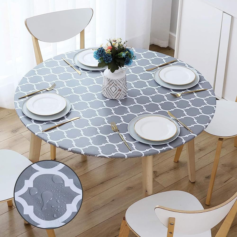Round Elastic Table Protector Wipeable 48/60/72in Tablecloth with Flannel Backing,Waterproof PVC Table Cloth for Dining Kitchen Picnic Party (Grey,72in)