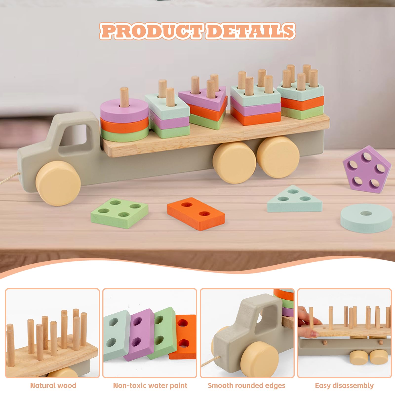 Montessori 1 an, Jeux Educatif Enfant Jouet d'Activité et de Développement 12 Mois et Plus, Jouets en Bois Jouet à Tirer Corde Jeux à Empiler pour Enfants en Bas Âge