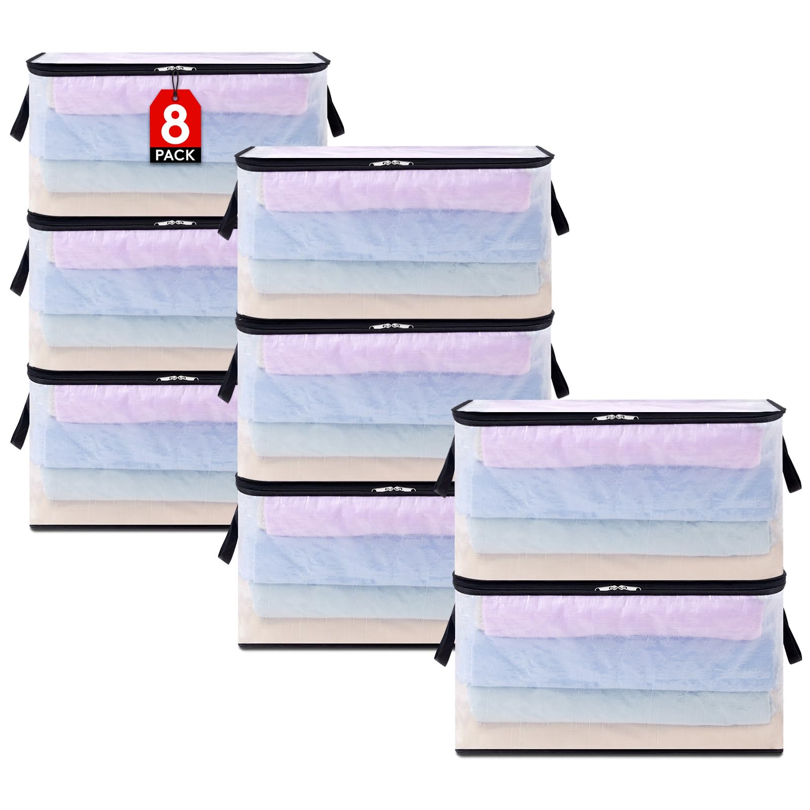 Lifewit Sac Rangement Vetement Transparent 60L, Sac de Rangement en PP, Boite Rangement Pliable avec Poignées, Housse de Couette pour Demenagement, Vêtements, Couvertures, Jouets, Lot de 8