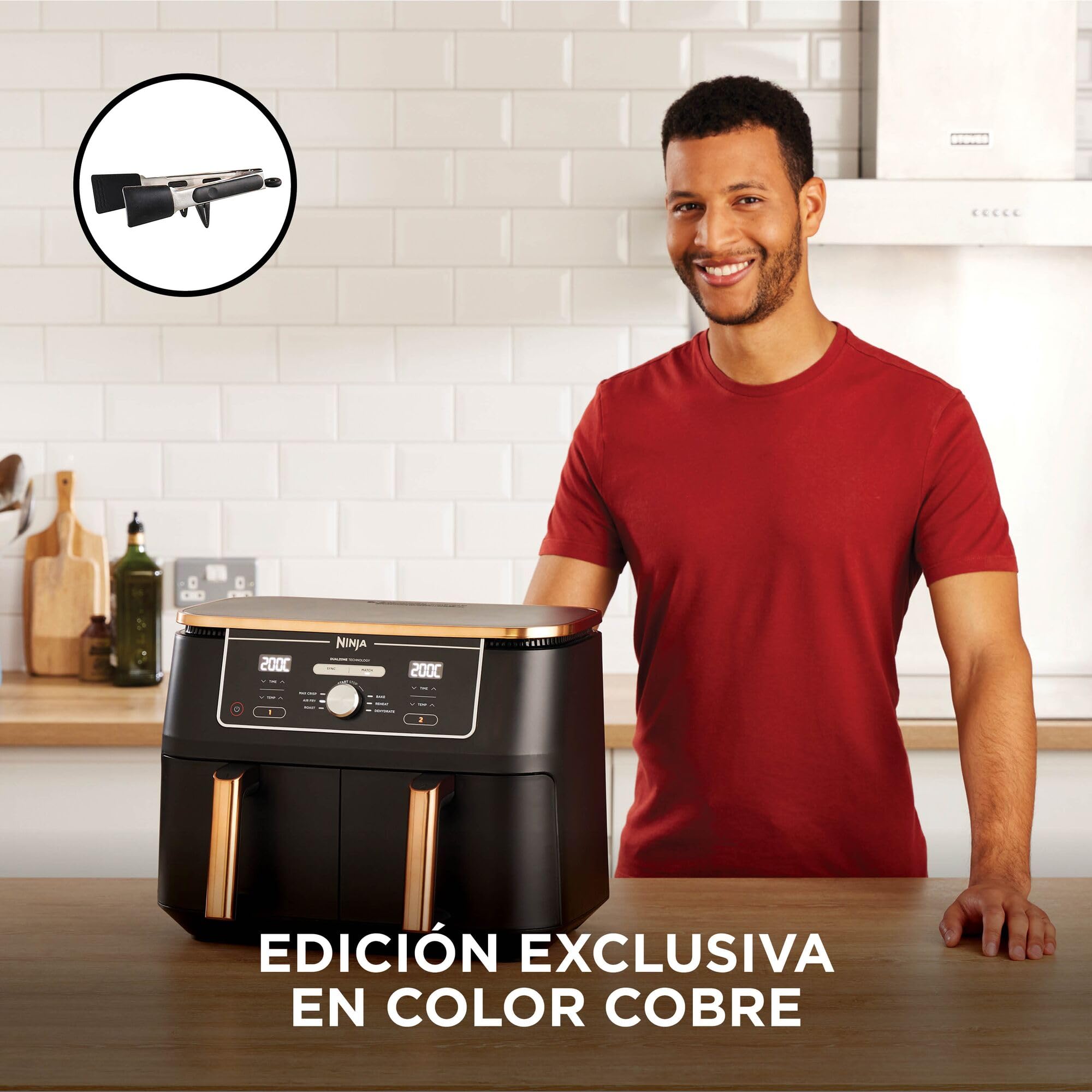 Ninja Foodi MAX Freidora de aire con compartimento doble, 9,6 l, 6 en 1, no usa aceite, Max Crisp, Asar, Hornear y más, pinzas, 8 porciones, cestas antiadherentes, en cobre y negro, AF400EUCP