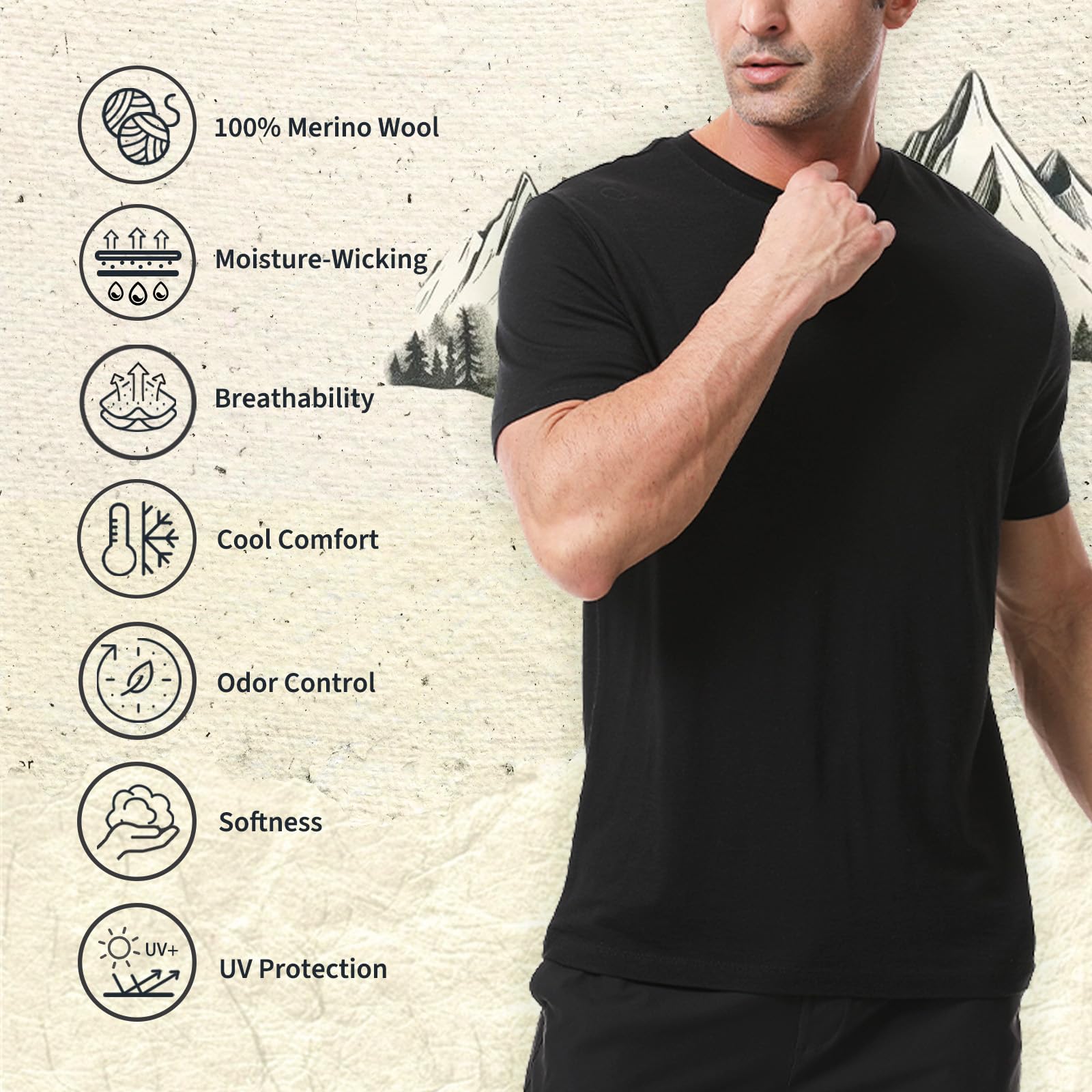 Merino Protect T-shirt 100 % laine mérinos pour homme, résistance aux odeurs, couche de base pour randonnée, voyage, maillot de corps doux